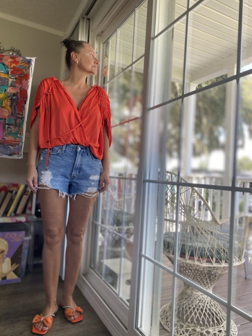 Free People Orange Boho Blouse M Tie Neck Peekaboo Back